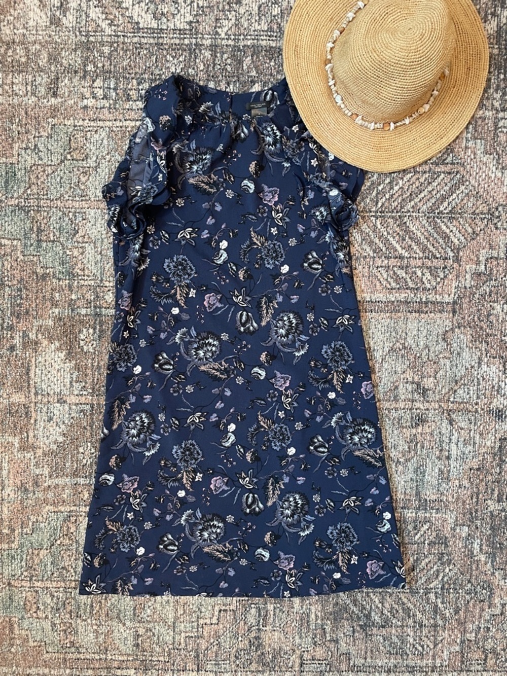 Ann Taylor Factory Floral Shift Dress Size 0 Navy Ruffle Sleeve Spring Dress